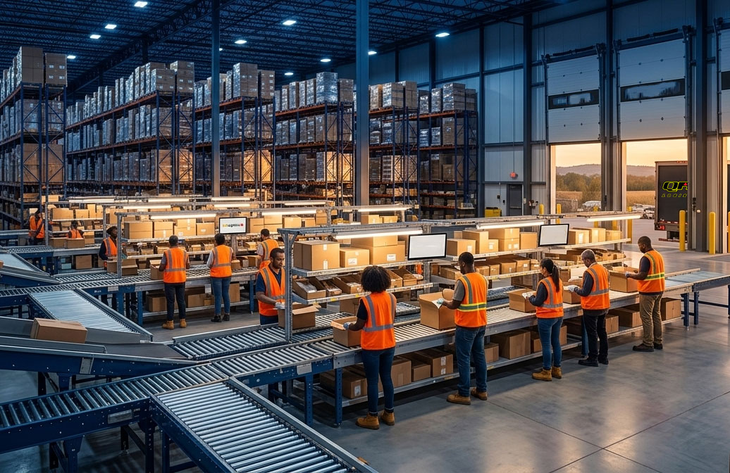 Wide-format photorealistic image of a large, modern Canadian logistics warehouse interior at golden hour. Workers in high-visibility vests are efficiently picking and packing eCommerce orders on conveyor belts. Warm amber and cool navy blue lighting. Tall shelving units stacked with cardboard boxes stretch into the background. A QRC-branded transport truck is partially visible through large loading bay doors, with a hint of a Canadian landscape outside. Clean, professional, cinematic depth of field.
