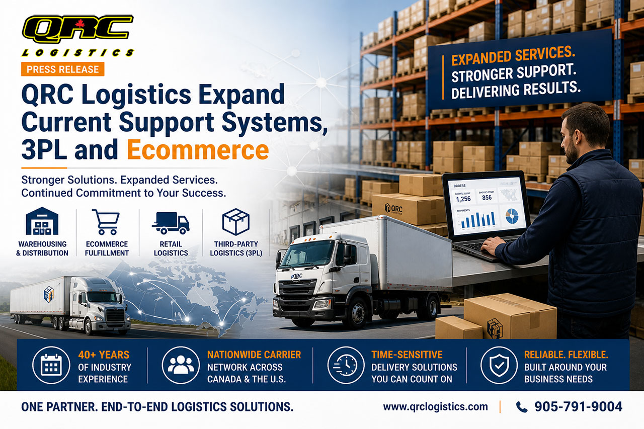 Logistics press release featured image showing warehouse operations, delivery trucks, and digital systems representing QRC Logistics’ expanded 3PL, ecommerce fulfilment, and nationwide carrier network.