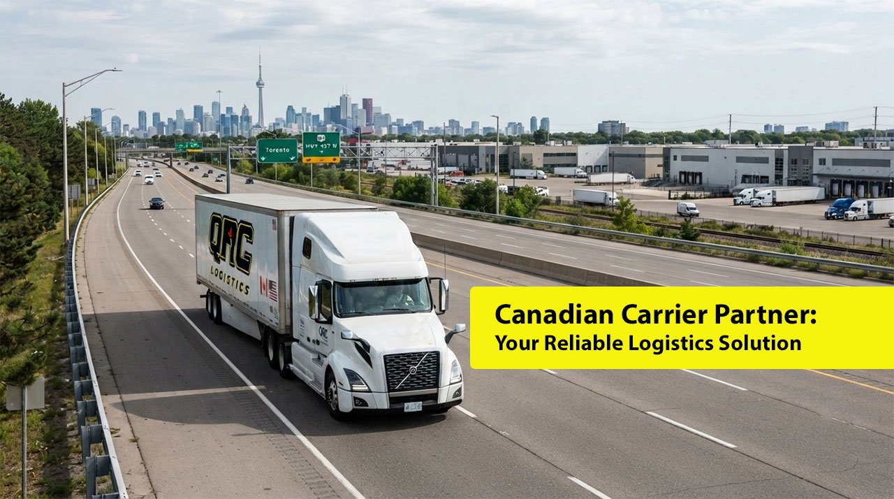 QRC Logistics transport truck driving on a major Canadian highway near Toronto, representing a trusted Canadian carrier partner for U.S. companies. Include subtle Canada and U.S. partnership elements, such as small flags or border-inspired visuals, plus logistics details like highway signs, freight lanes, and a distant warehouse or city skyline.
