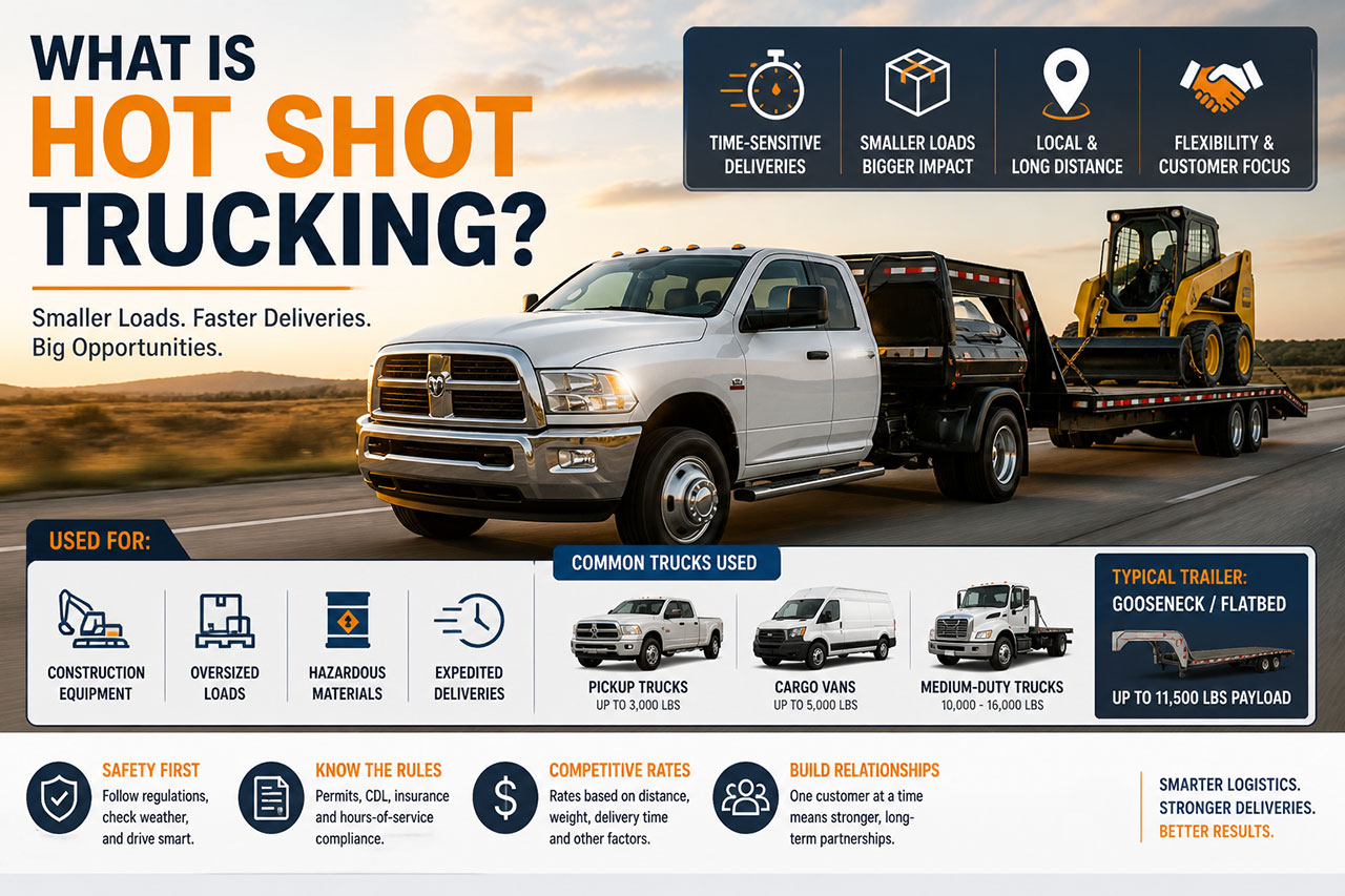 Hot shot trucking featured image showing a pickup truck towing a flatbed trailer with equipment, highlighting time-sensitive deliveries, truck types, and common uses for expedited freight.