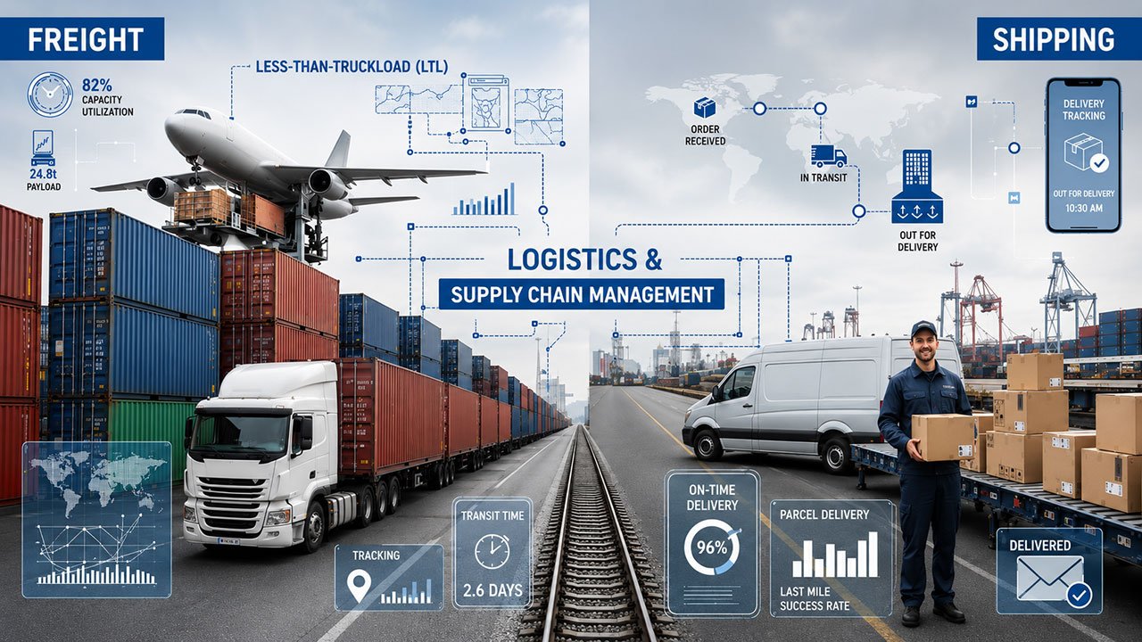 Split graphic comparing freight and parcel shipping, with a cargo plane, containers and transport truck beside a parcel delivery van and driver
