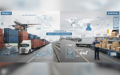Freight and shipping logistics illustration depicting a cargo plane, shipping containers, and delivery vehicles, emphasizing supply chain management and the distinction between freight and shipping services.