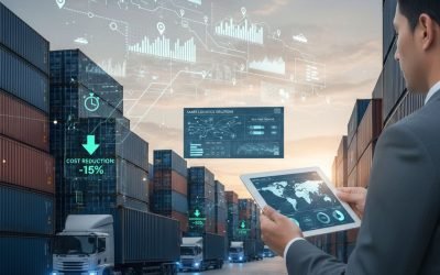 Businessman using tablet to analyze freight cost reduction data amidst shipping containers and digital logistics graphics.