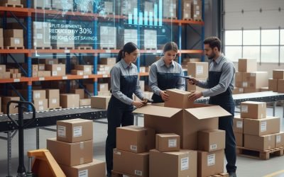 Warehouse team analyzing packages with digital display on split shipments and cost savings, emphasizing logistics efficiency in eCommerce.