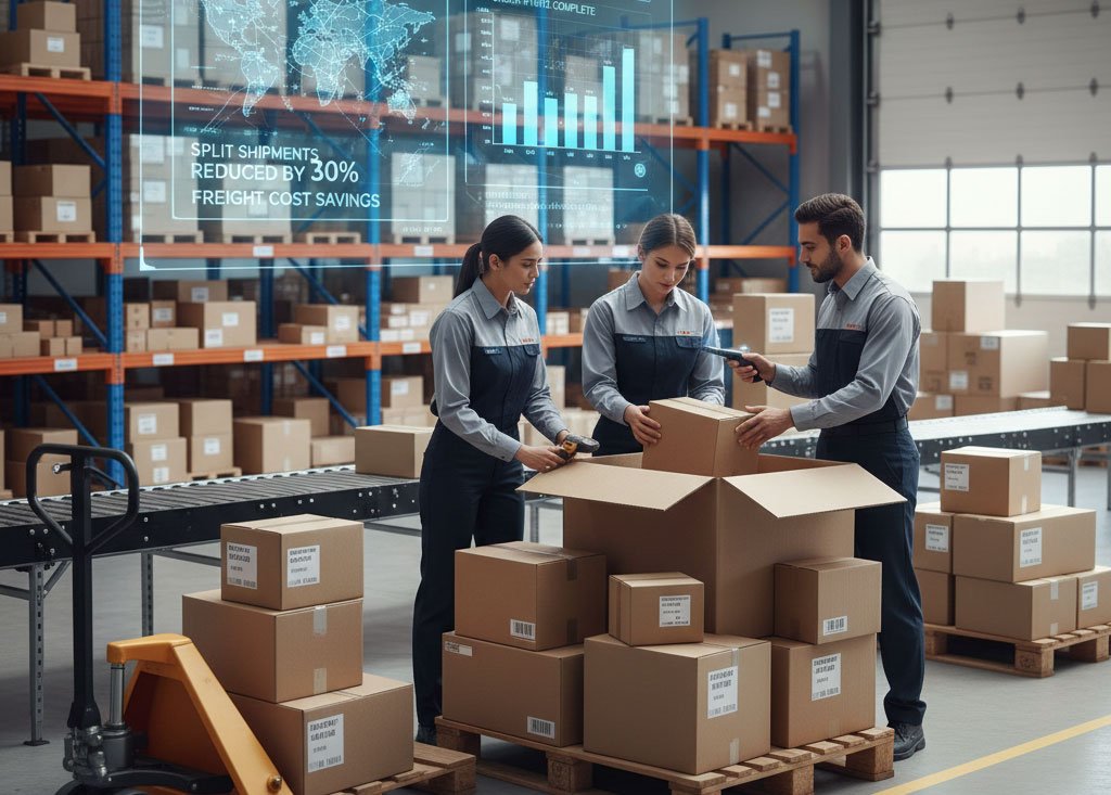 Warehouse workers analyzing shipments and inventory management, with digital display showing "Split shipments reduced by 30% freight cost savings," surrounded by cardboard boxes and packing materials.