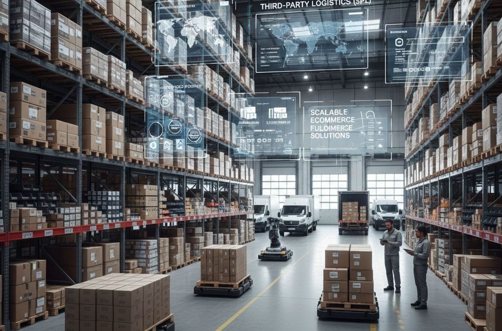 Warehouse interior showcasing third-party logistics (3PL) operations, with stacked boxes, delivery trucks, and digital overlays illustrating scalable eCommerce solutions and logistics data.