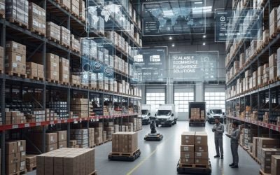Warehouse interior with stacked boxes, logistics technology displays, and employees discussing scalable eCommerce solutions.