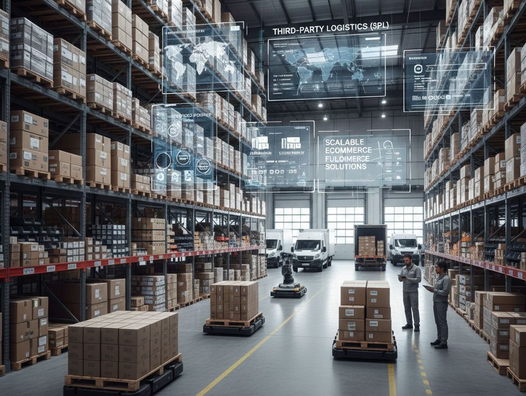 Warehouse interior showcasing third-party logistics (3PL) services, featuring stacked boxes, automated carts, and digital overlays highlighting scalable eCommerce fulfillment solutions.