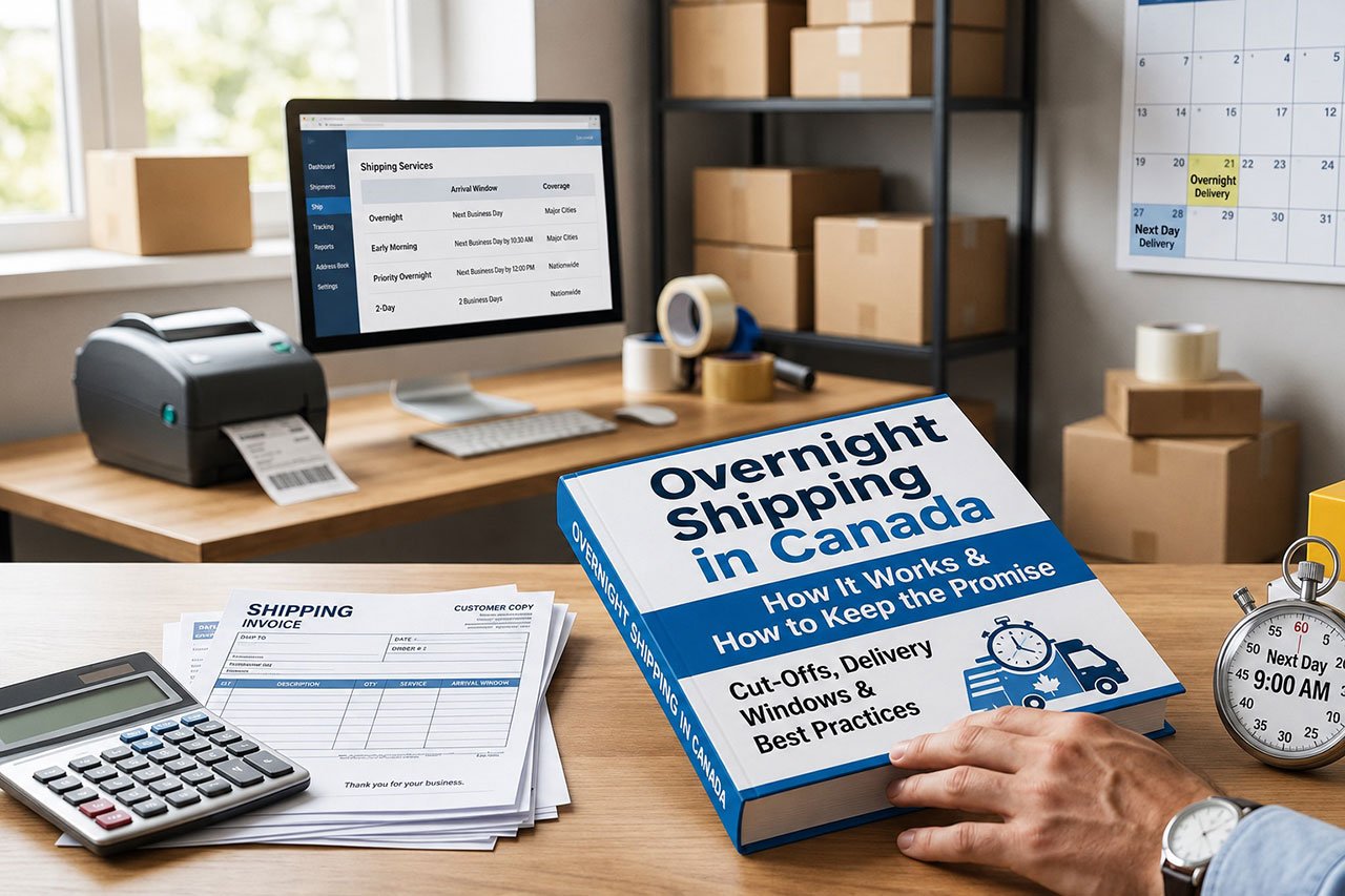 Shipping workspace with an Overnight Shipping in Canada guide, parcel boxes, label printer and next-day delivery timer