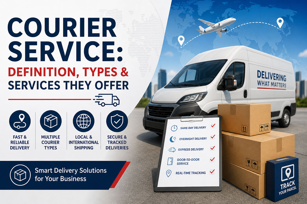 Courier service featured image showing a delivery van, stacked parcels, and global shipping icons representing fast, reliable, and tracked delivery services for eCommerce businesses.