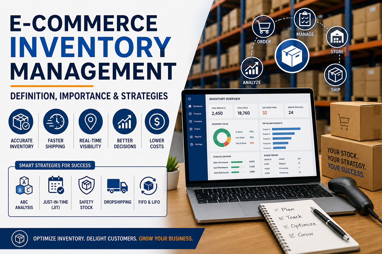 E-commerce inventory management featured image showing a warehouse setting, laptop dashboard with stock analytics, and icons representing tracking, storage, shipping, and optimization strategies.