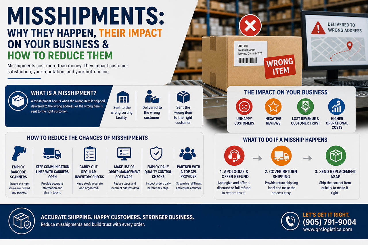 Misshipments infographic showing incorrect package delivery scenarios, warehouse setting, and icons for causes, business impact, and solutions to reduce shipping errors.