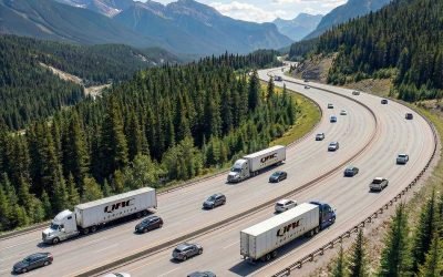 Trucks on a highway surrounded by mountains and forests, illustrating freight transportation challenges in Canada.