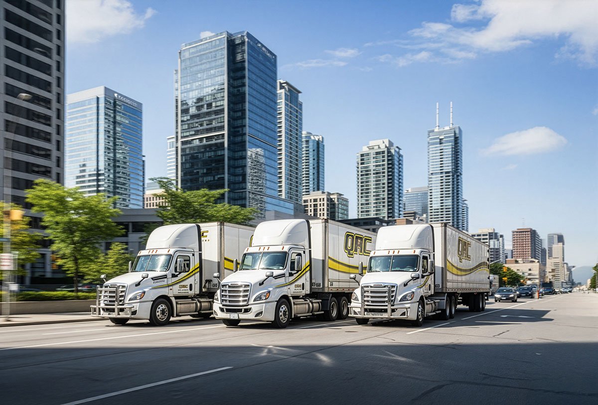 Three QRC Logistics trucks driving through a cityscape in Mississauga, showcasing the company's commitment to efficient per skid LTL transportation and local cartage services.
