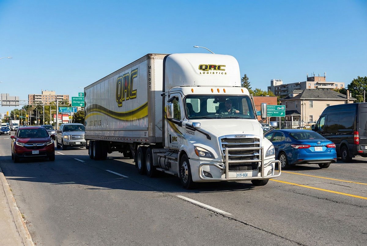 QRC Logistics truck navigating busy Ottawa street, emphasizing local distribution and transportation services for efficient freight handling.