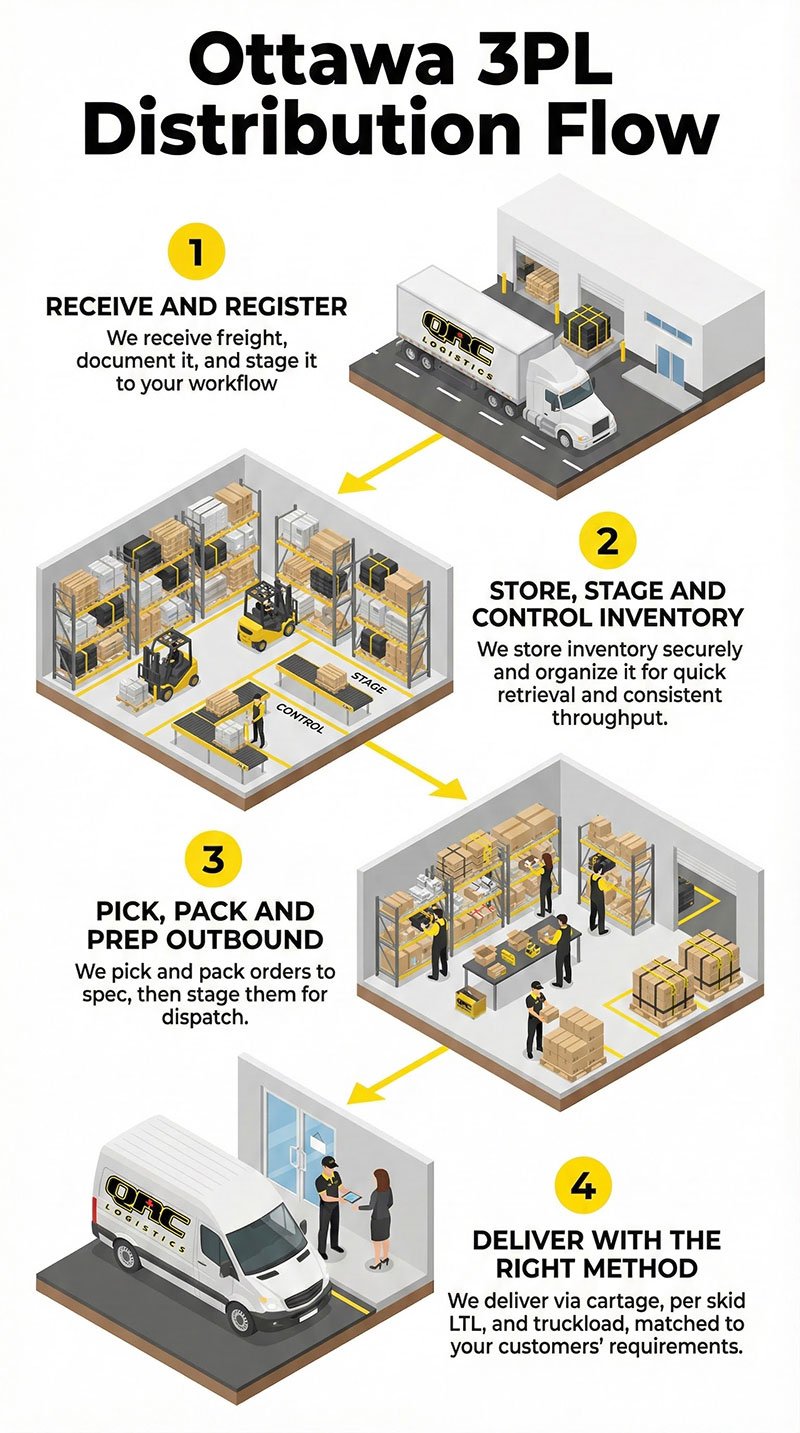 Ottawa 3PL distribution flow diagram illustrating QRC Logistics' inventory management process, including receiving and registering freight, storing and staging inventory, picking and packing orders, and delivering using various transportation methods.