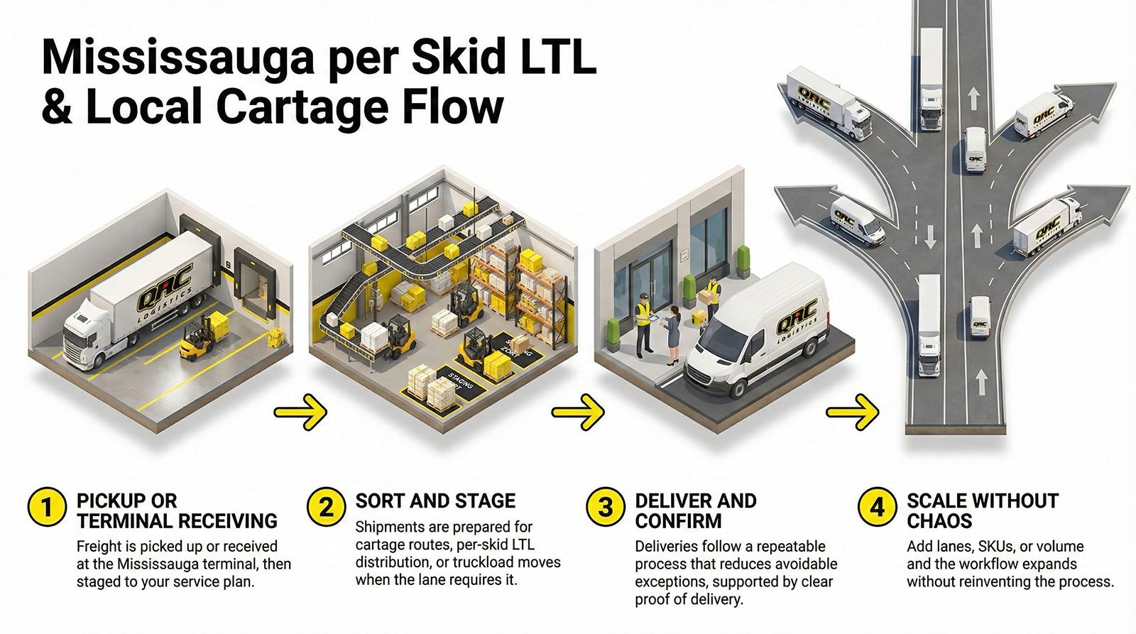 Mississauga per skid LTL and local cartage flow diagram illustrating QRC Logistics' freight handling process, including pickup, sorting, delivery, and scaling operations.