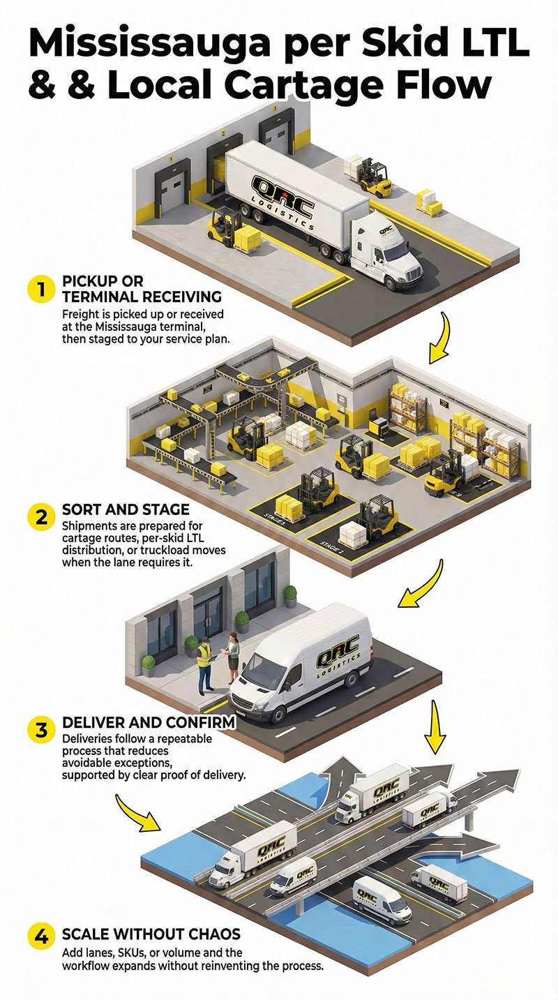 Mississauga per skid LTL and local cartage flow diagram illustrating four key logistics processes: pickup or terminal receiving, sort and stage, deliver and confirm, and scale without chaos, highlighting efficient freight handling and distribution.