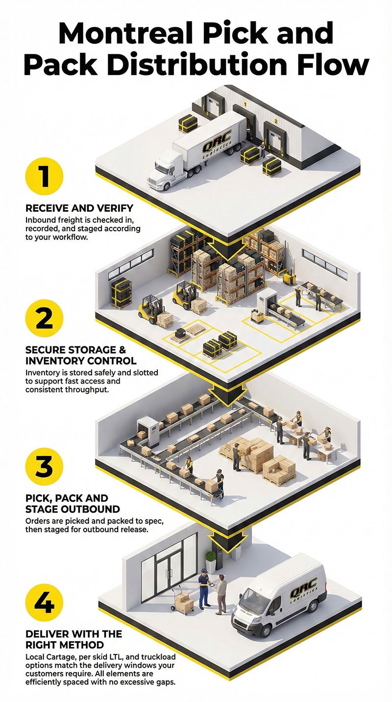 Montreal pick and pack distribution flow diagram illustrating QRC Logistics' process: receiving and verifying inbound freight, secure storage and inventory control, picking and packing orders, and delivering with various service levels.