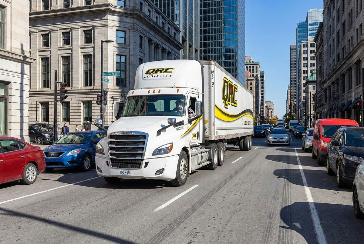 QRC Logistics truck navigating Montreal city streets, showcasing logistics and transportation services essential for pick and pack distribution.