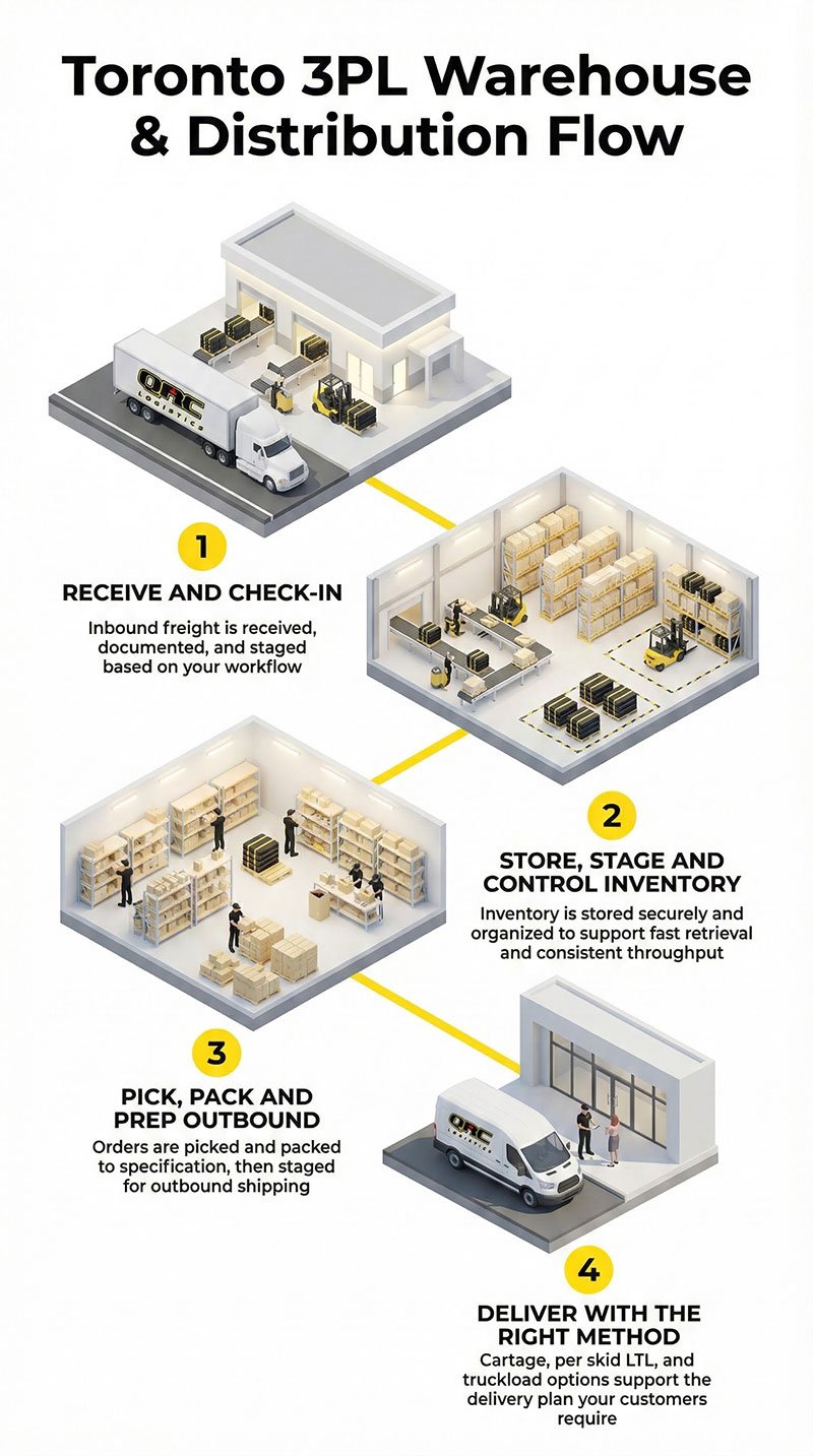Toronto 3PL warehouse distribution flow diagram showcasing steps: receive and check-in, store and control inventory, pick and pack orders, and deliver using appropriate methods, emphasizing logistics efficiency for Greater Toronto Area services.