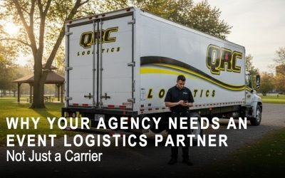 QRC Logistics delivery truck parked in a park, with a logistics professional checking a mobile device, emphasizing the need for an event logistics partner in the logistics and transportation industry.