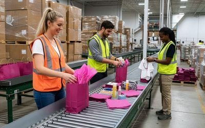 Workers assembling promotional goodie bags in a logistics warehouse, showcasing event logistics services for marketing campaigns.