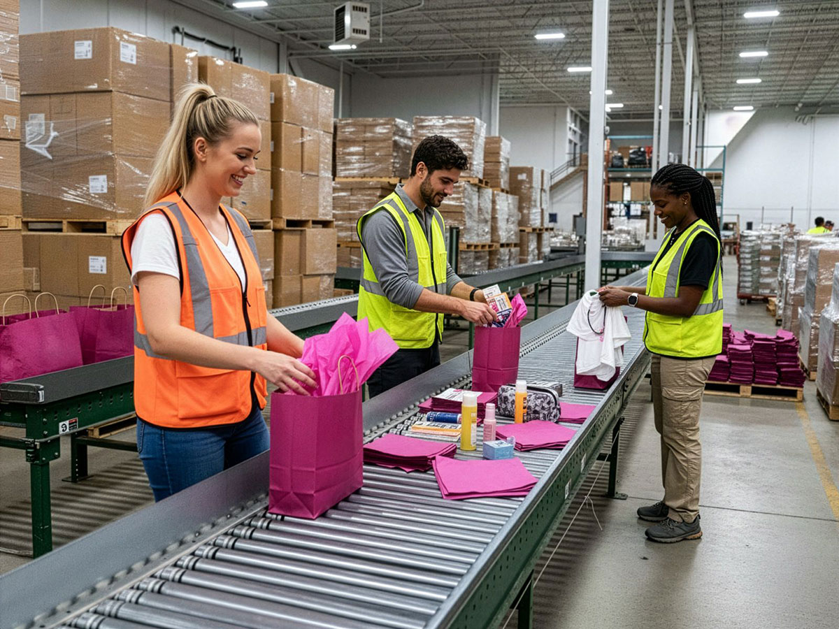 QRC Logistics team kitting branded goodie bags for marketing campaign rollout.