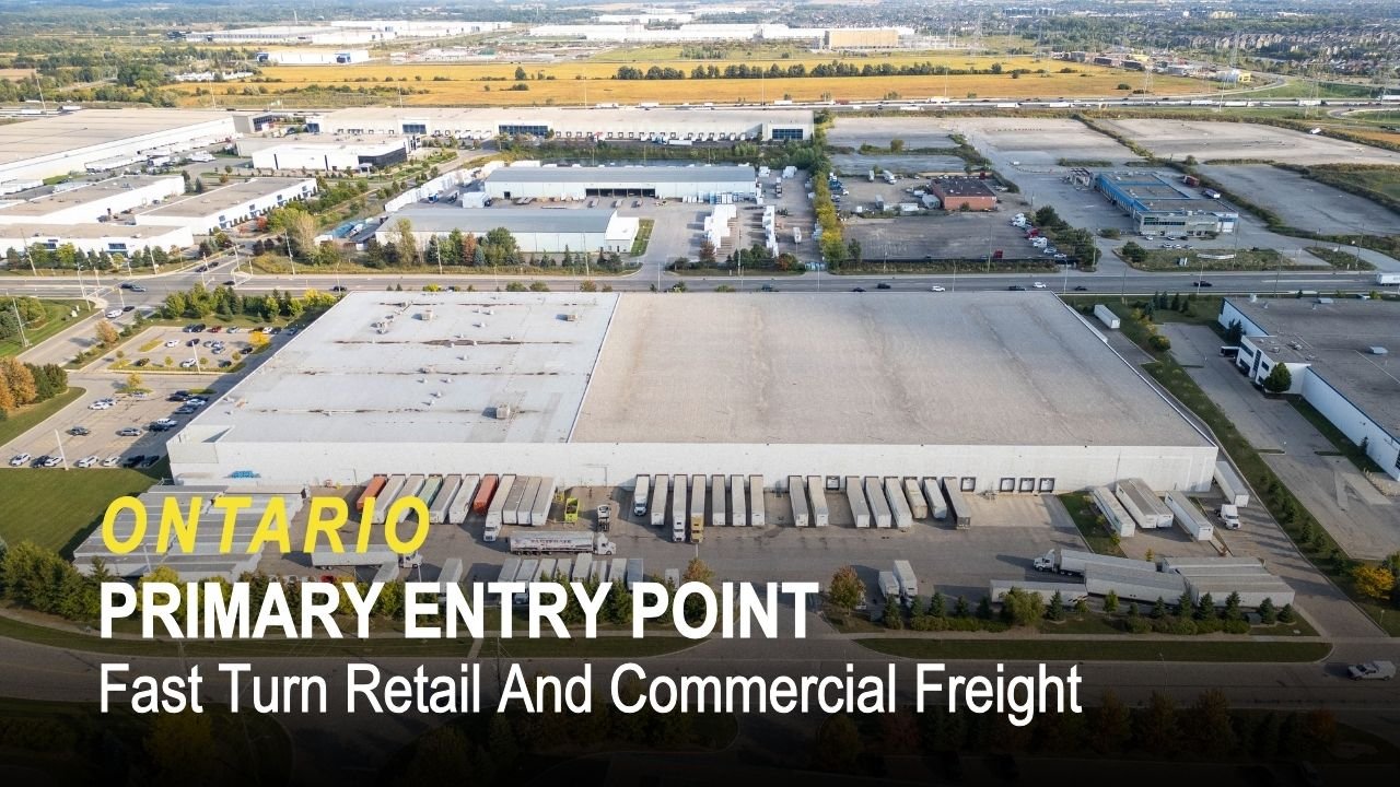 Aerial view of QRC Logistics main warehouse near Toronto Pearson Airport, Ontario primary entry point for fast turn retail and commercial freight.