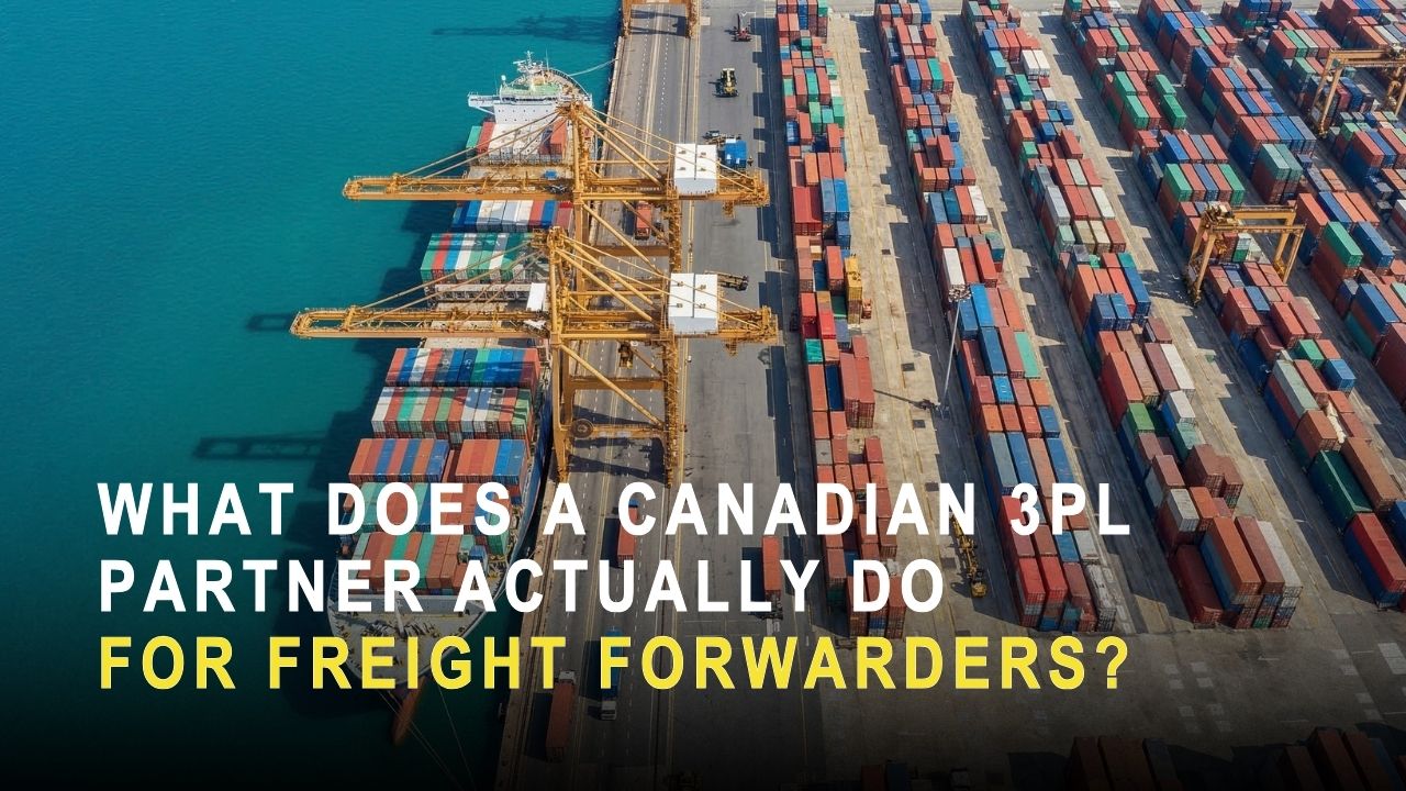 An aerial view of a busy container port terminal, representing a logistics hub for Canadian 3PL for freight forwarders, with a cargo ship docked alongside massive rows of stacked colorful containers and large gantry cranes.