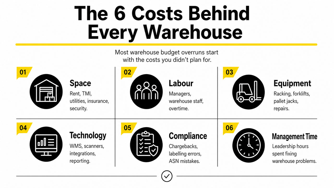 Infographic titled The 6 Costs Behind Every Warehouse showing six warehouse cost categories: space, labour, equipment, technology, compliance, and management time