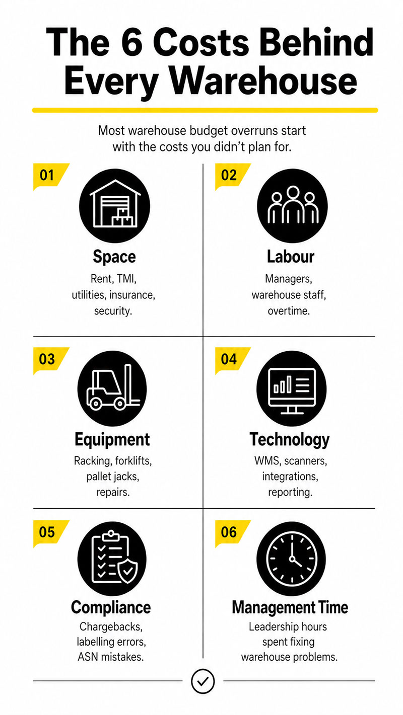Infographic titled The 6 Costs Behind Every Warehouse showing six warehouse cost categories: space, labour, equipment, technology, compliance, and management time