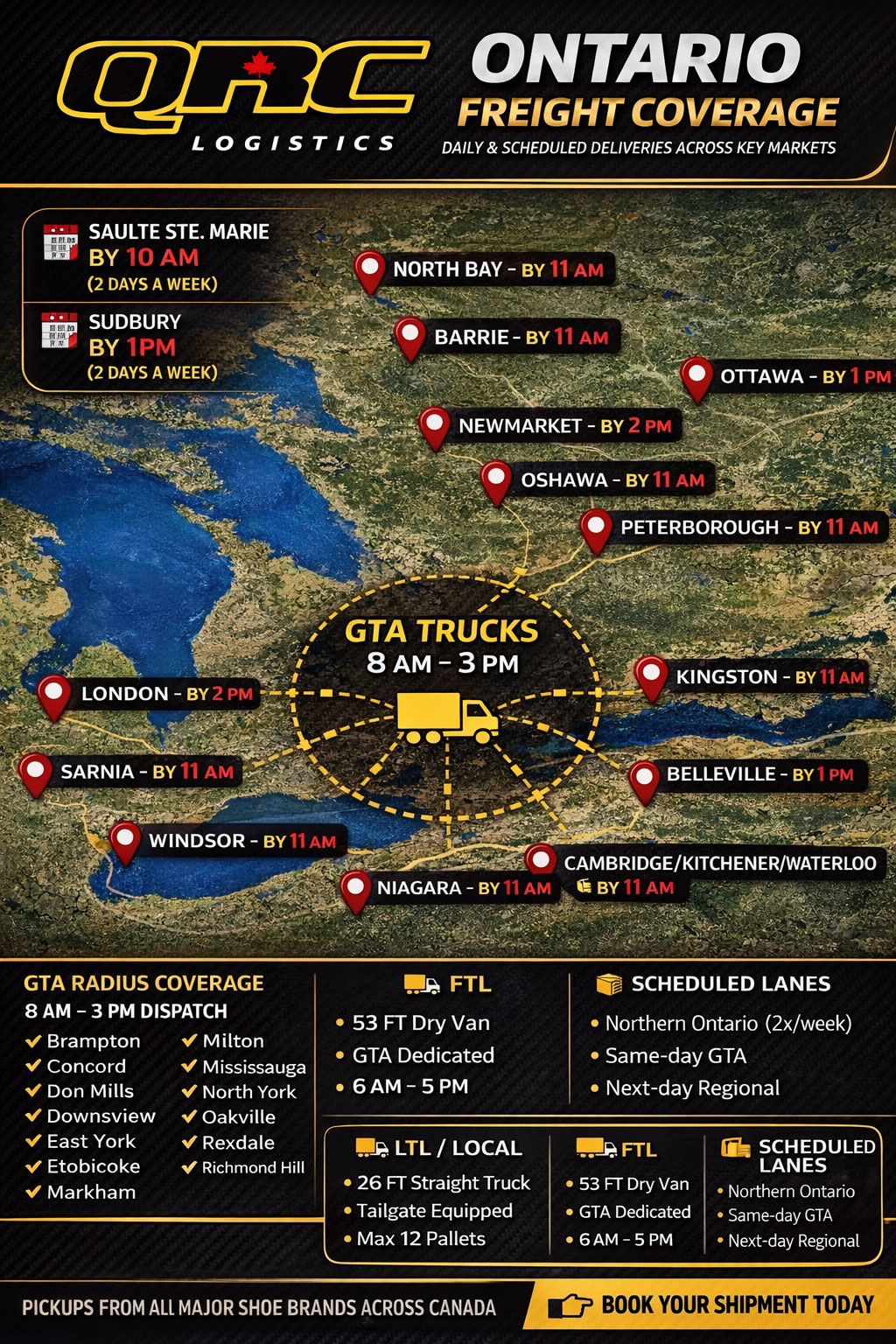 QRC Logistics Ontario freight coverage map showing time-definite delivery windows across Ontario including GTA, Windsor, Ottawa, Sudbury, and Sault Ste. Marie