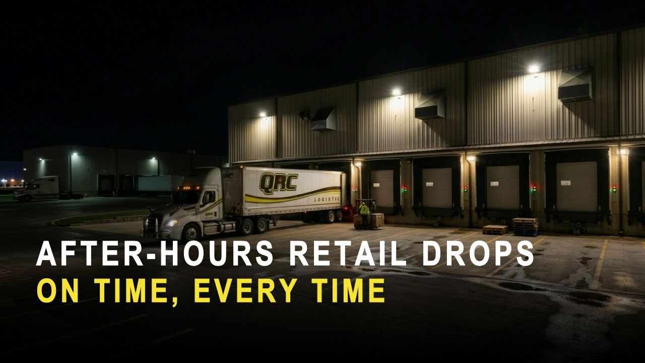 Logistics trailer completing an after-hours retail delivery at a cross-dock facility at night