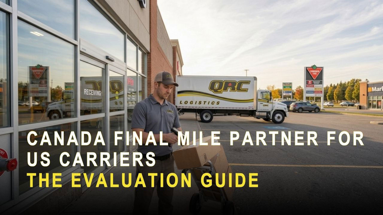 QRC Logistics driver delivering packages at a Canadian retail location with a QRC straight truck at the receiving dock