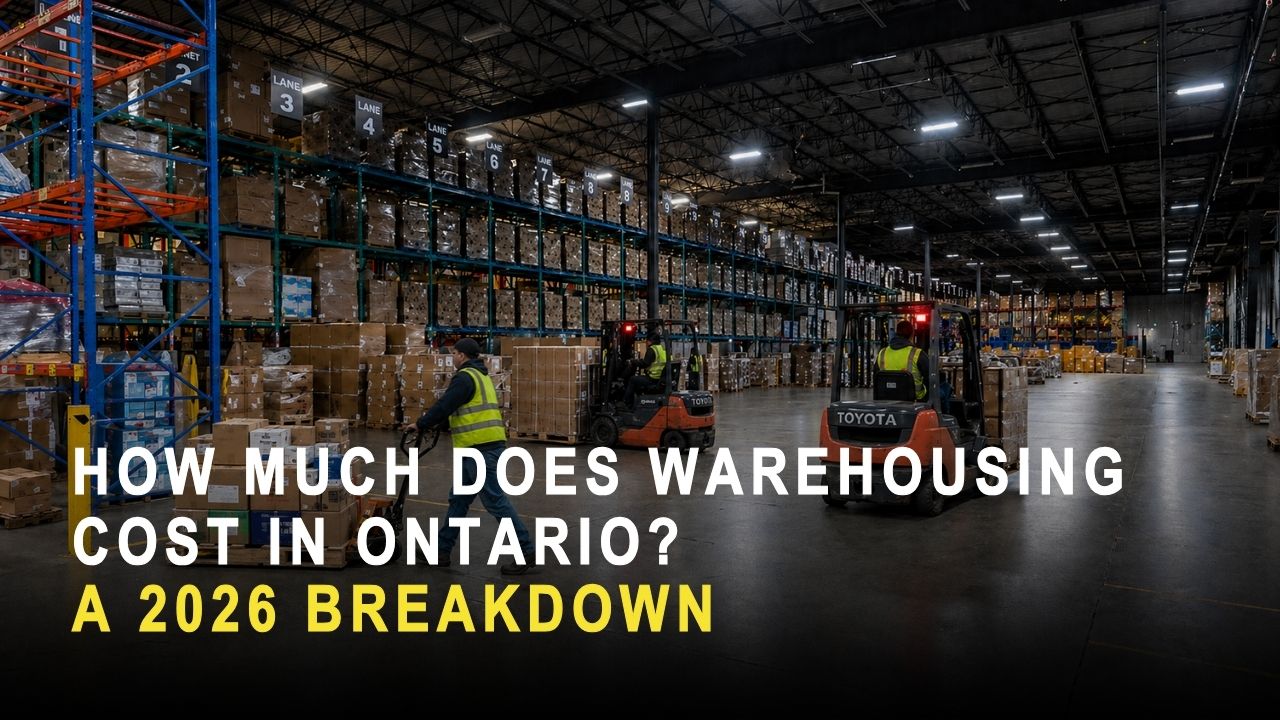 Workers operating forklifts and moving mixed inventory by pallet jack inside QRC Logistics’ 300,000 sq. ft. warehouse near Toronto Pearson.