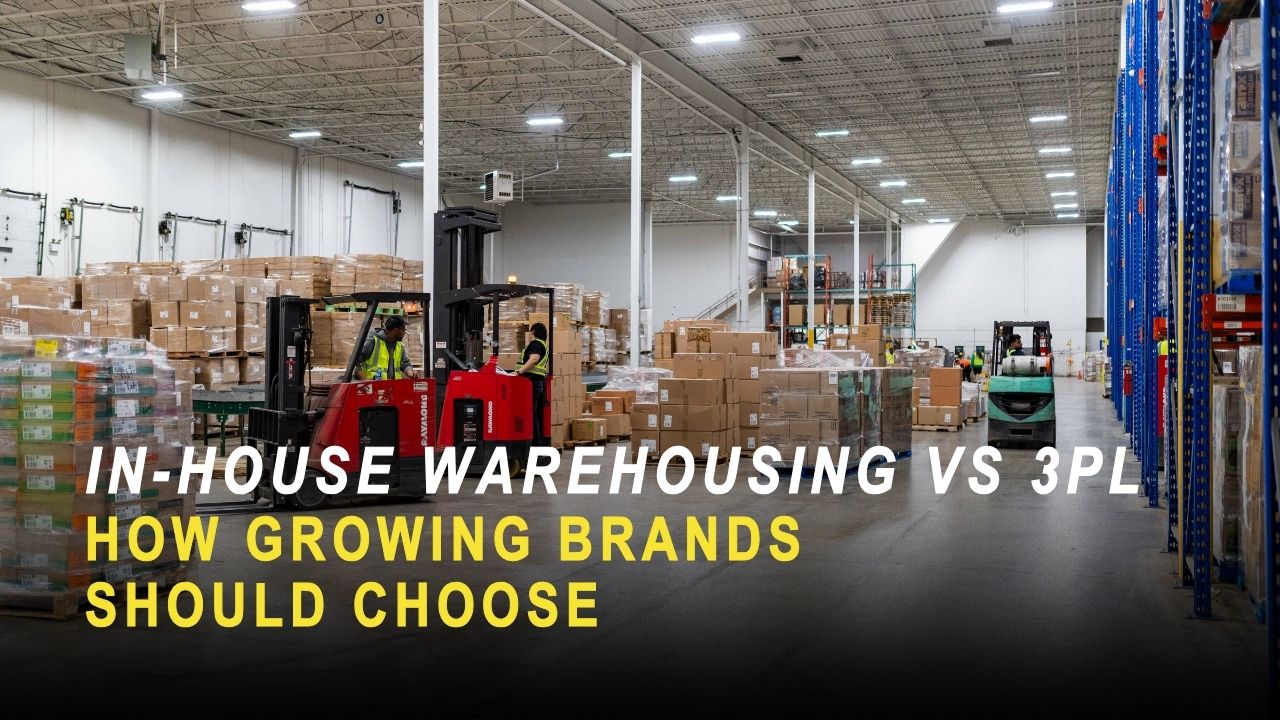 QRC Logistics 300,000 sq ft warehouse near Toronto Pearson with forklifts moving pallets, blog title In-House Warehousing vs 3PL: How Growing Brands Should Choose