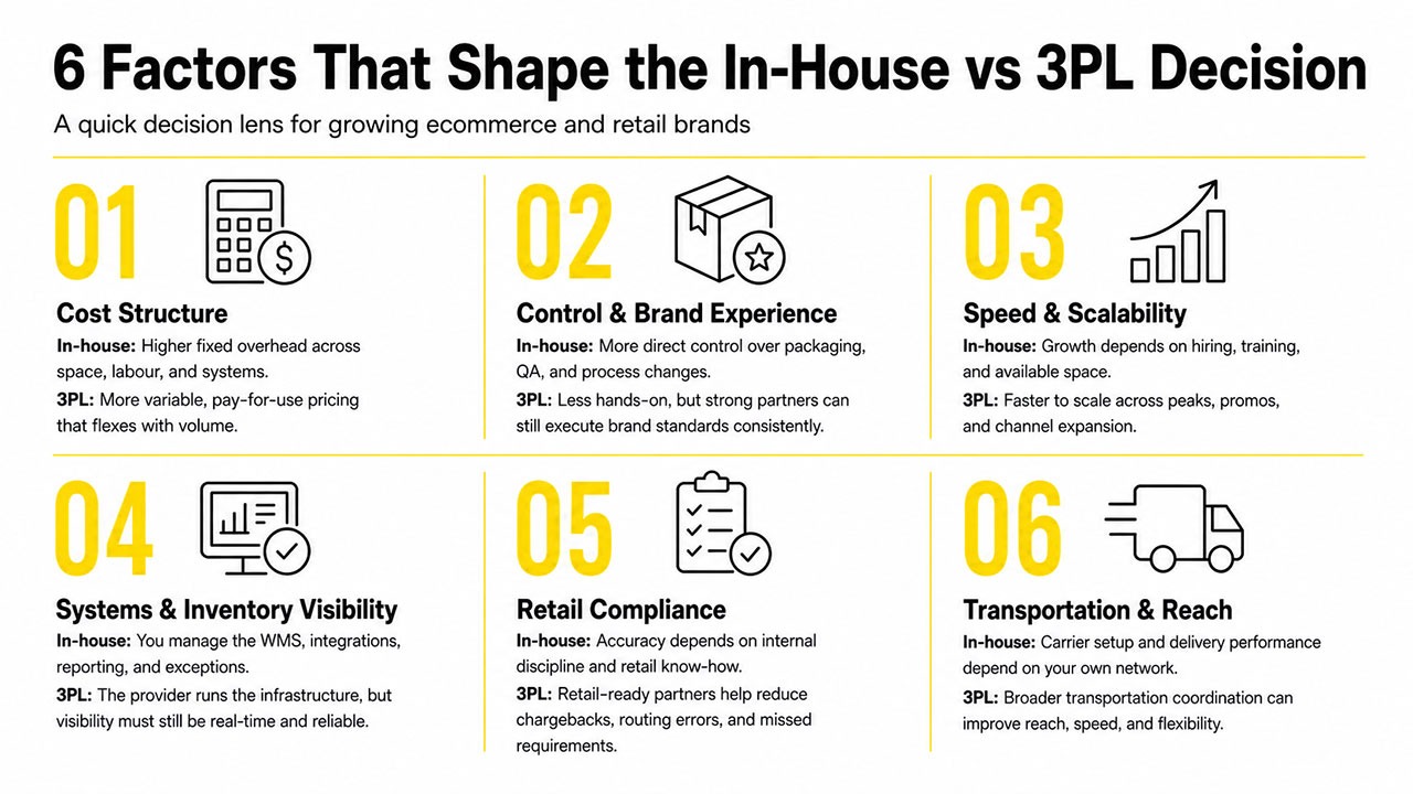 Infographic comparing six key factors in the in-house warehousing vs 3PL decision: cost structure, brand control, scalability, inventory visibility, retail compliance, and transportation reach.
