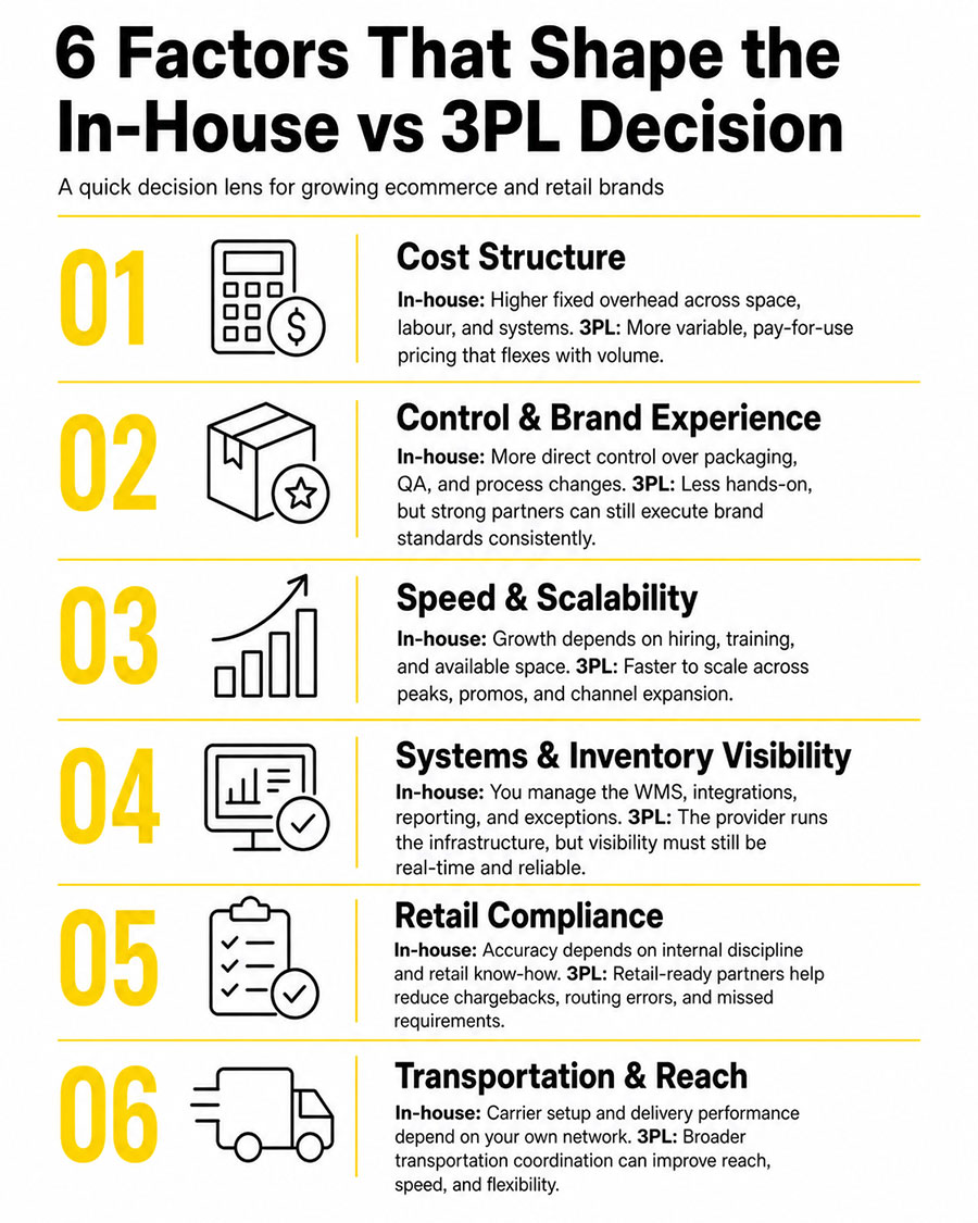 Infographic comparing six key factors in the in-house warehousing vs 3PL decision: cost structure, brand control, scalability, inventory visibility, retail compliance, and transportation reach.