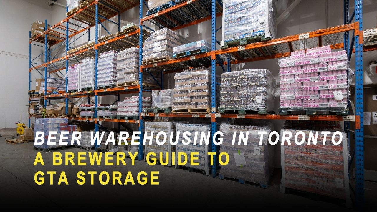 Pallets of craft beer & beverages stacked on tall industrial racking in QRC Logistics warehouse in Toronto