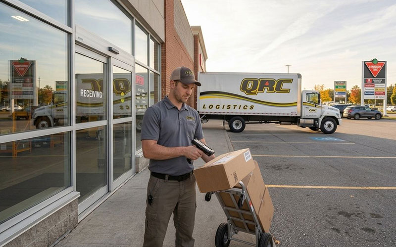 QRC Logistics driver scanning packages for Ontario LTL and final mile delivery at a retail receiving dock QRC Logistics driver scanning packages for Ontario LTL and final mile delivery at a retail receiving dock