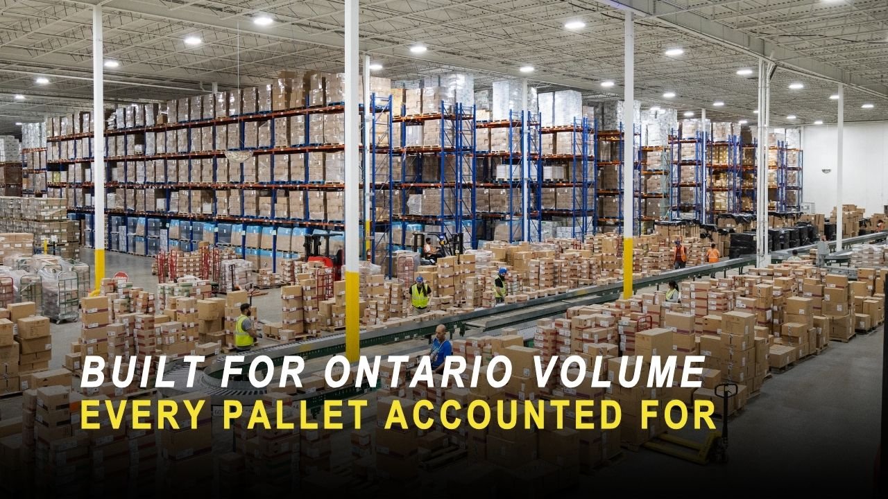 QRC Logistics warehouse in Ontario with high pallet racking, conveyor sortation, and staff moving freight