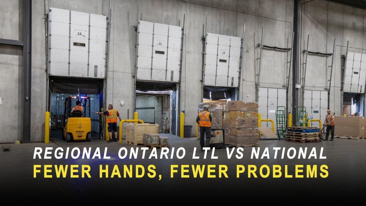 Regional Ontario LTL carrier crew loading freight at warehouse dock doors with forklift and pallet jacks