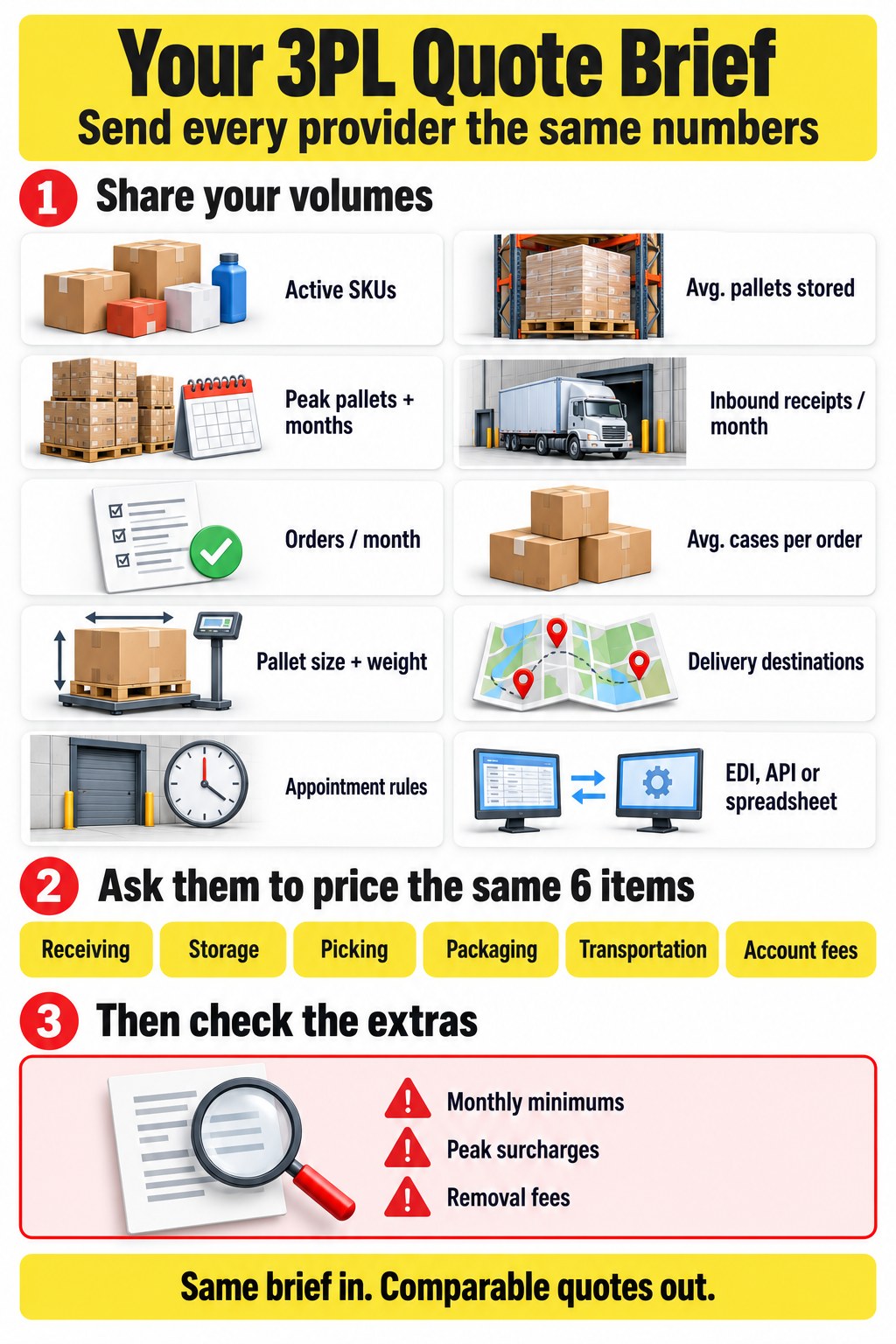 Three-step 3PL quote brief: share ten volume numbers, ask every provider to price the same six items, then check monthly minimums, peak surcharges and removal fees