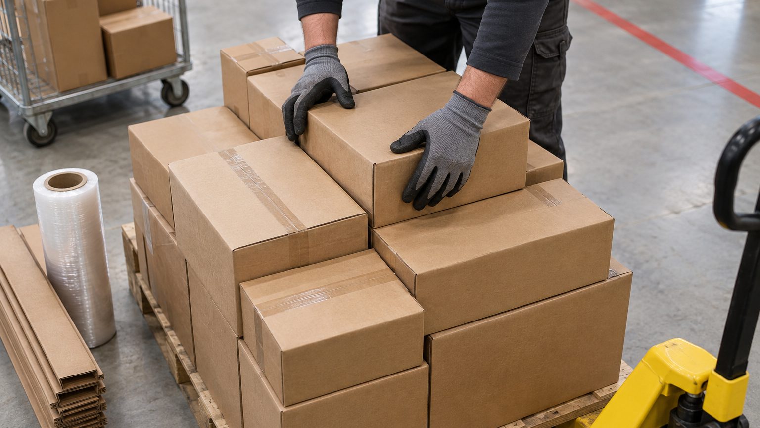 Gloved hands square the top layer of a mixed-case pallet, with stretch wrap and corner boards ready beside it
