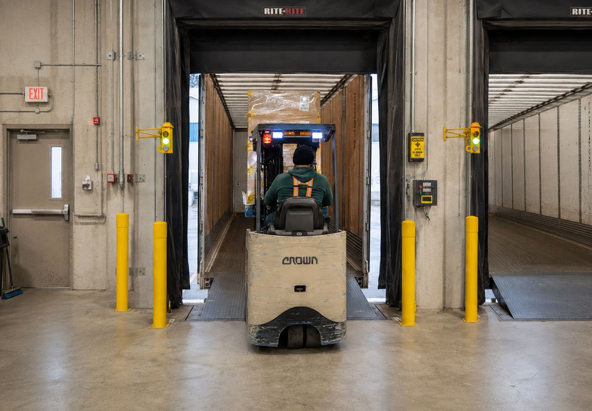 Forklift operator loading wrapped skids into a trailer at a warehouse dock, representing QRC Logistics LTL transport and tailgate delivery systems in Ontario.
