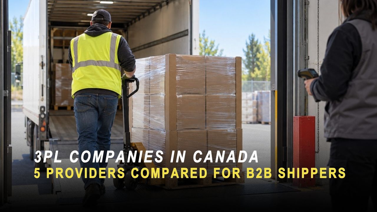 Driver in a yellow safety vest moves a stretch-wrapped pallet of cases off a truck into a receiving bay while a receiver waits with a handheld scanner