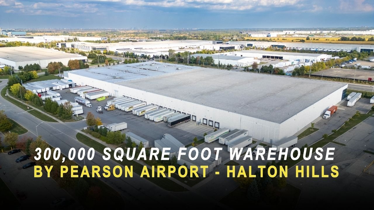 Aerial view of the QRC Logistics warehouse in Halton Hills with QRC trailers at the loading docks