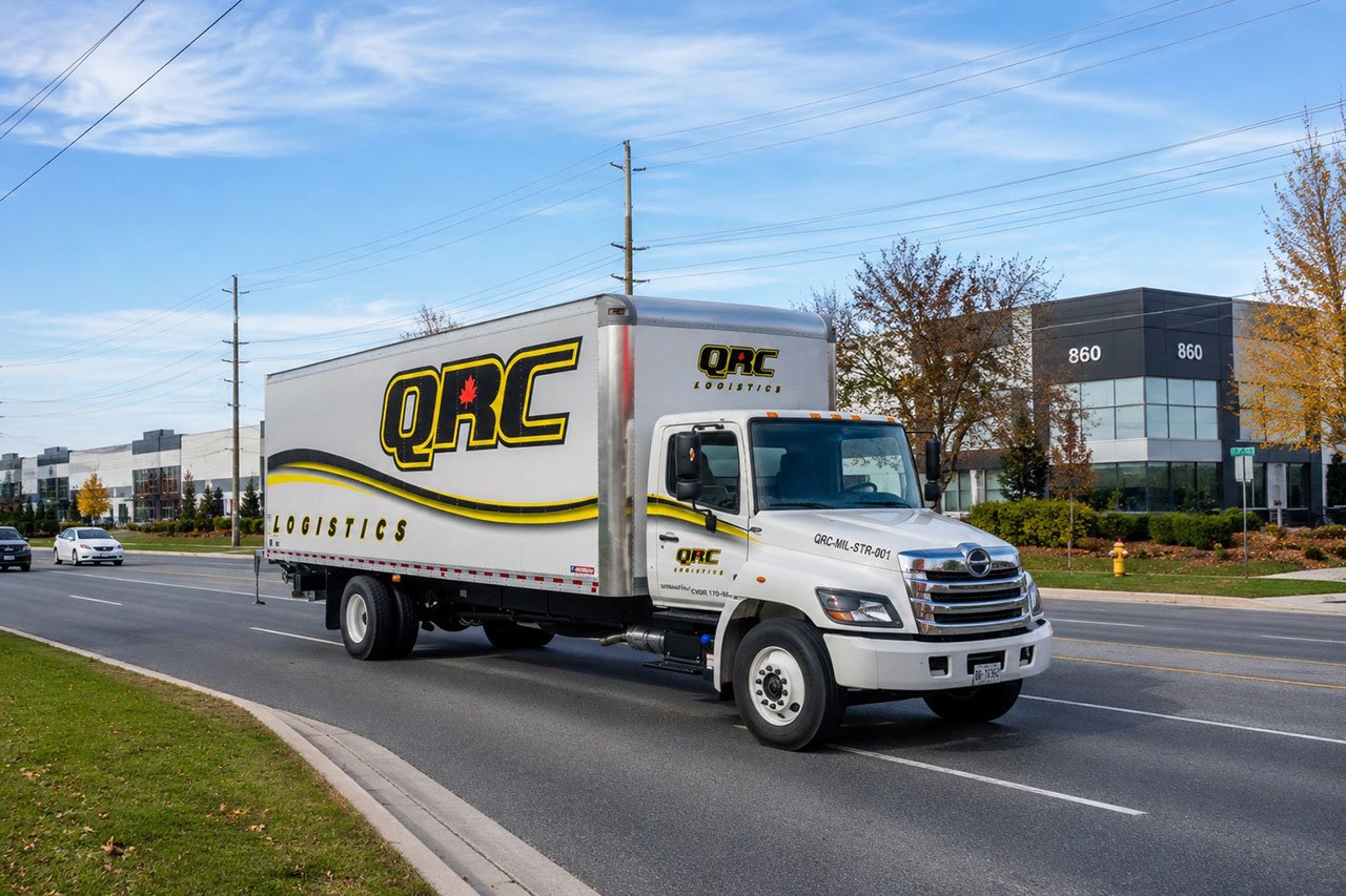 QRC Logistics delivery truck in a Mississauga, Ontario business district QRC Logistics delivery truck in a Mississauga, Ontario business district
