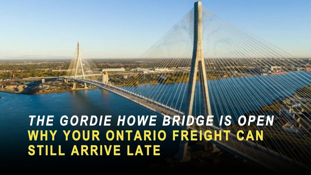 Gordie Howe Bridge under construction over the Detroit River between Windsor and Detroit, cranes on twin towers